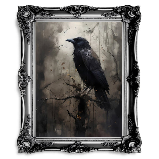 Dark Moody Raven in Woodland Painting Wall Art Moonlit Wildlife Painting Gothic Decor Dark Academia Artwork Vintage Aesthetic - Everything Pixel