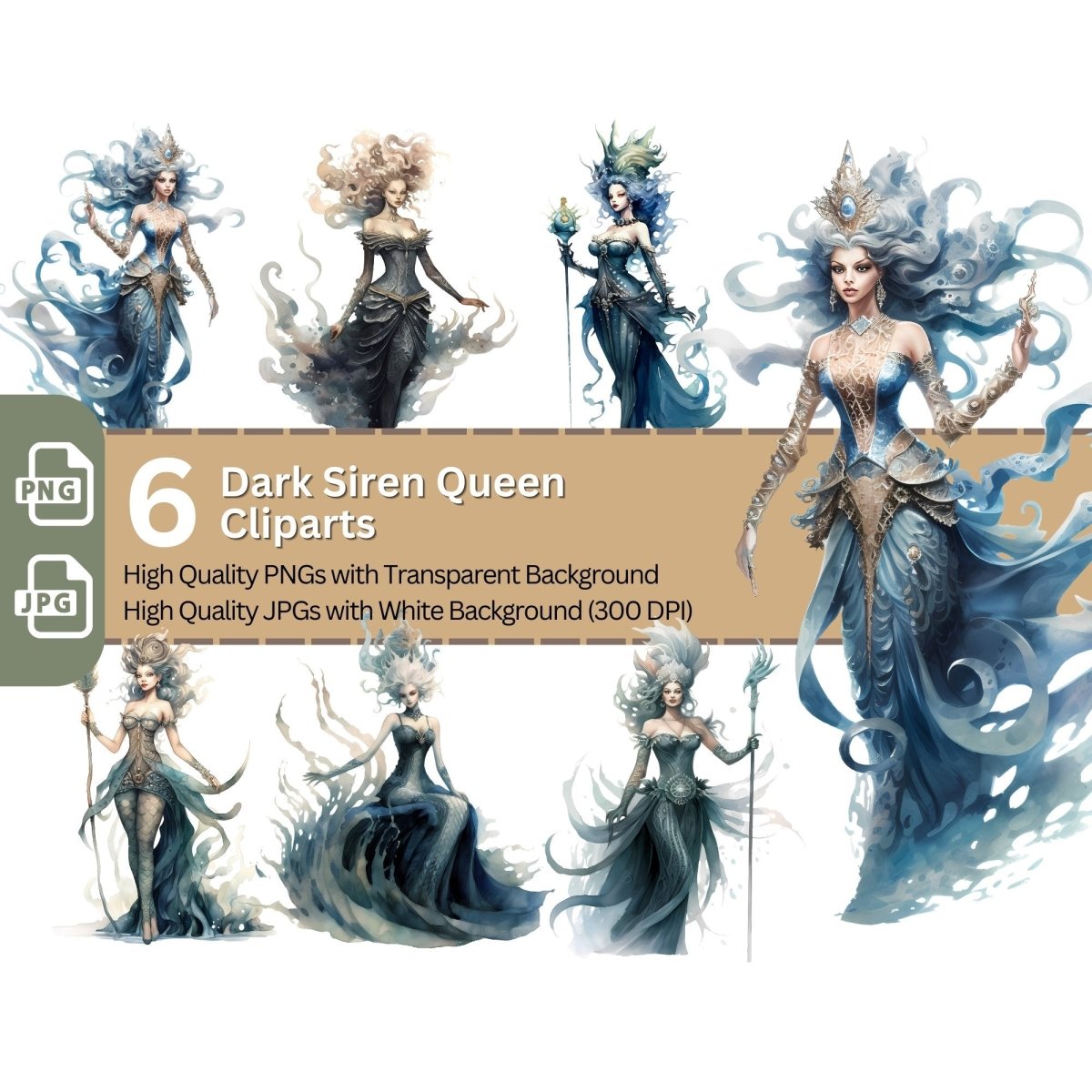 Dark Siren Queen 6+6 PNG Clip Art Bundle Fantasy Fairytale Design - Everything Pixel