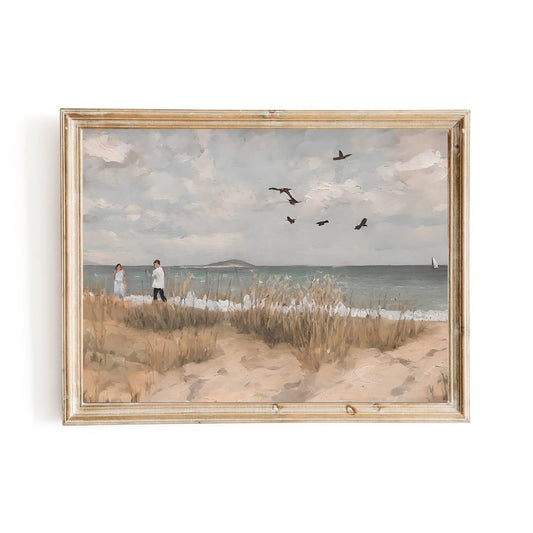 Day at the beach vintage oil painting coast beach art - Everything Pixel