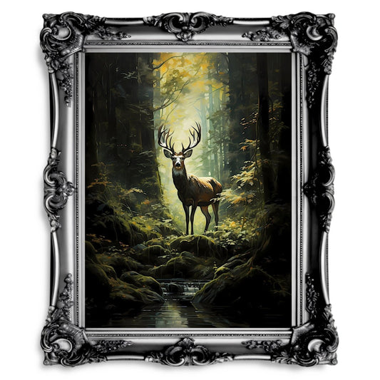 Deer in Moody Forest Dark Cottagecore Vintage Dark Academia Painting - Paper Poster Print - Everything Pixel