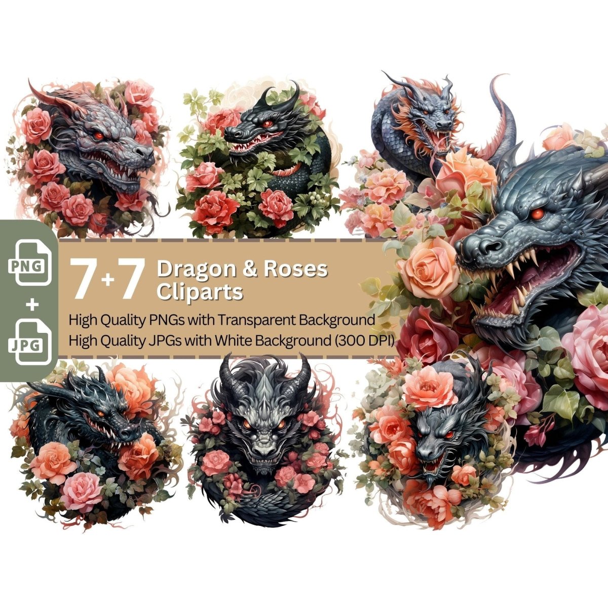 Dragon and Roses 7+7 PNG Clipart Bundle Fantasy - Everything Pixel
