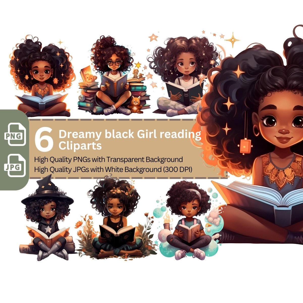 Dreamy Black Girl reading 6+6 PNG Clip Art Bundle for Book Lovers - Everything Pixel