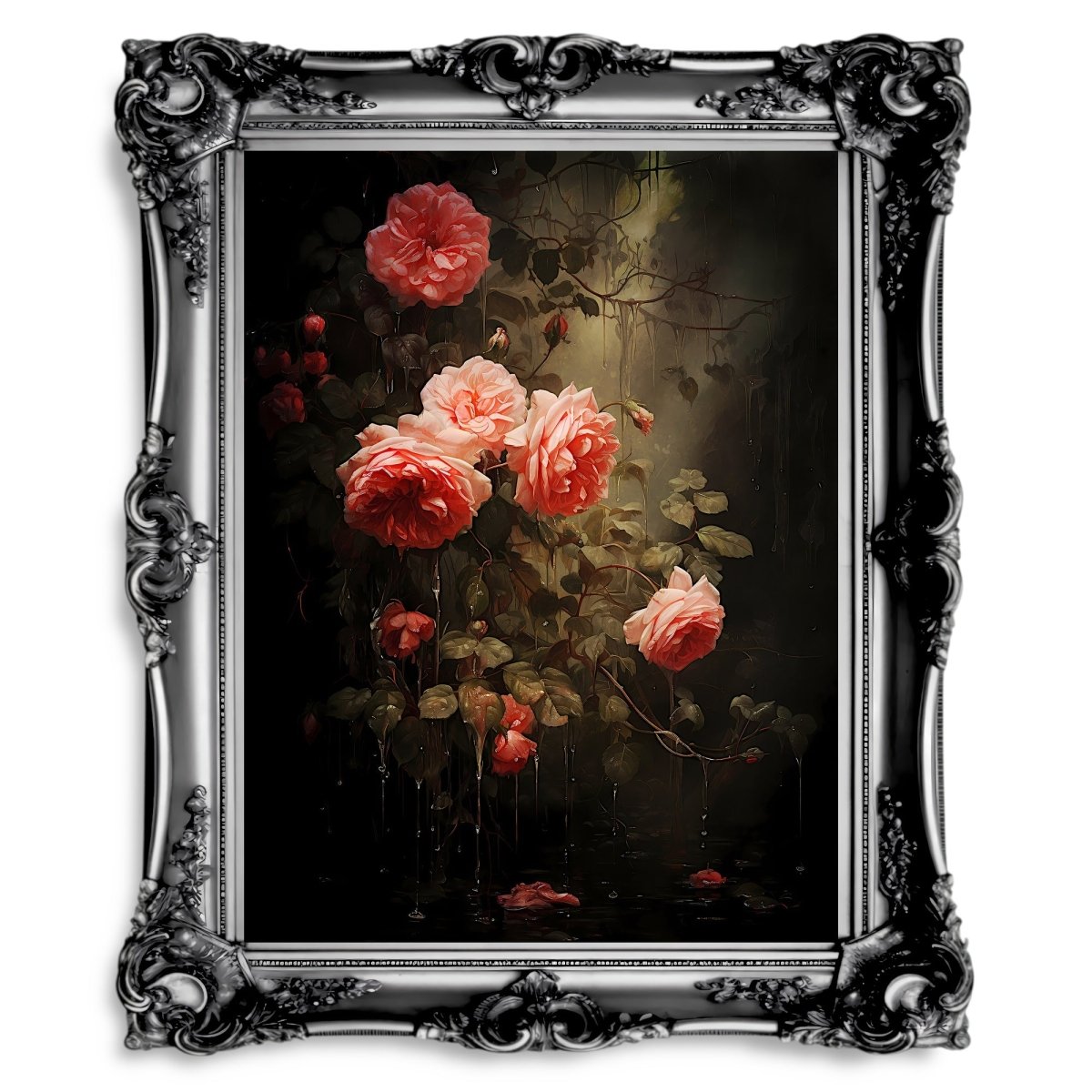 Driping Roses Romantic Woodland Wall Decor Dark Cottagecore - Paper Poster Print - Everything Pixel