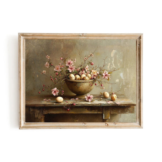 Easter Still Life: Vintage Bowl & Spring Flowers Wall Art - Everything Pixel