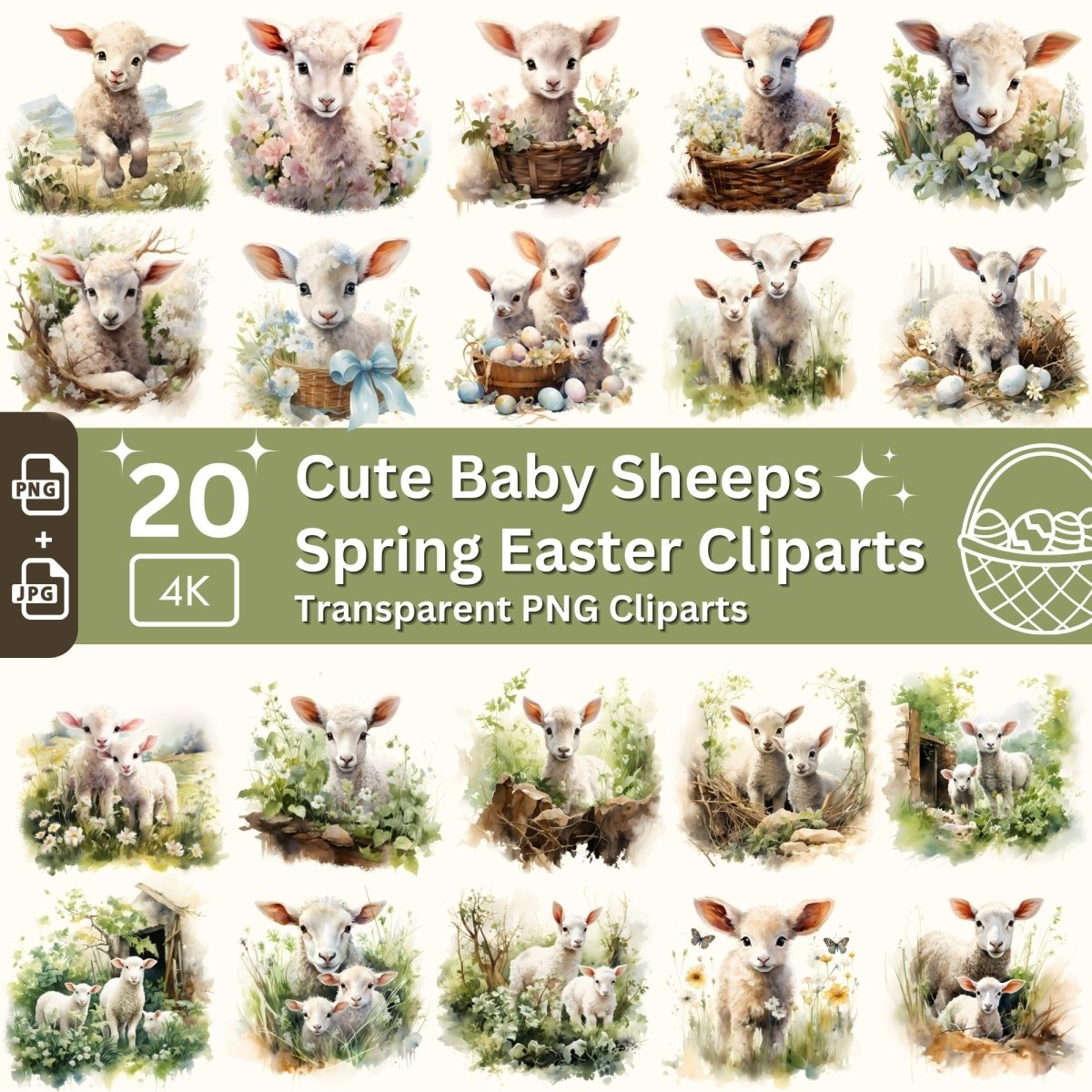 Easter Watercolor Lamb Clipart Bundle - 20 Transparent PNGs - Everything Pixel