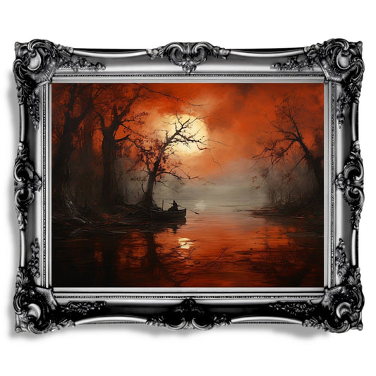 Eerie Autumn Lake Wall Art Spooky Mysterious Lake Wall Decor Dark Fall Pond Painting Dark Cottagecore Gothic Academia Print - Everything Pixel
