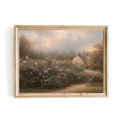 English cottage rose garden vintage oil painting farmhouse decor - Everything Pixel