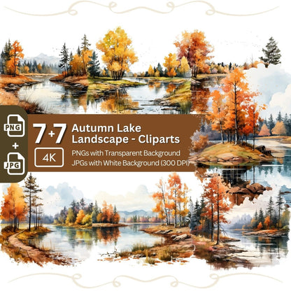 Fall Watercolor Lake Landscape Clipart 7+7 PNG JPG Bundle - Everything Pixel