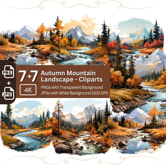 Fall Watercolor Mountain Landscape Clipart 7+7 PNG JPG Bundle - Everything Pixel