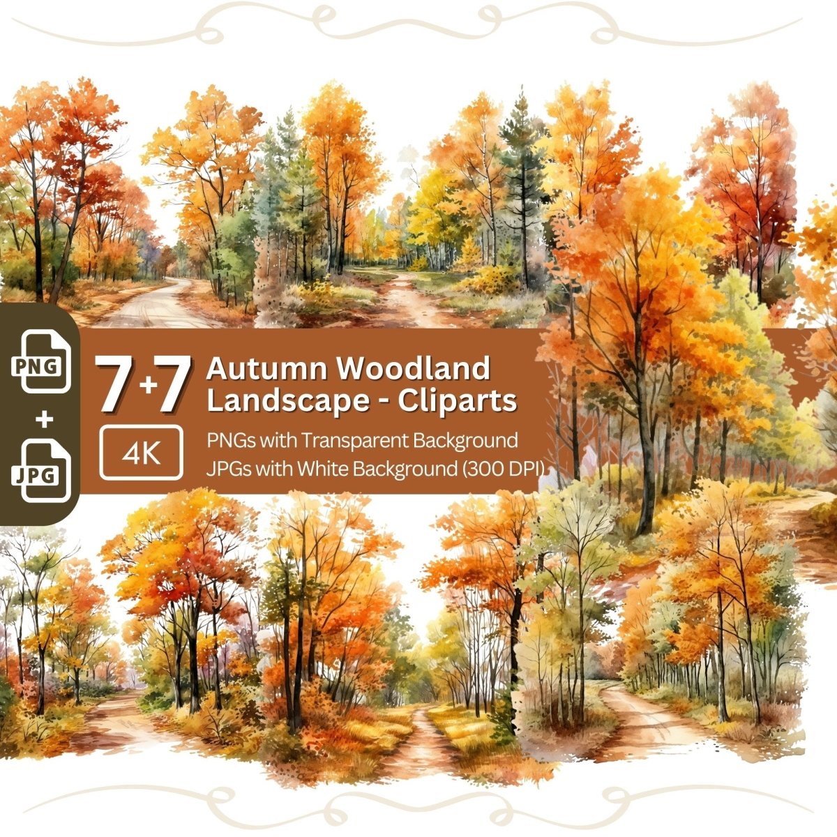 Fall Watercolor Woodland Landscape Clipart 7+7 PNG JPG Bundle - Everything Pixel