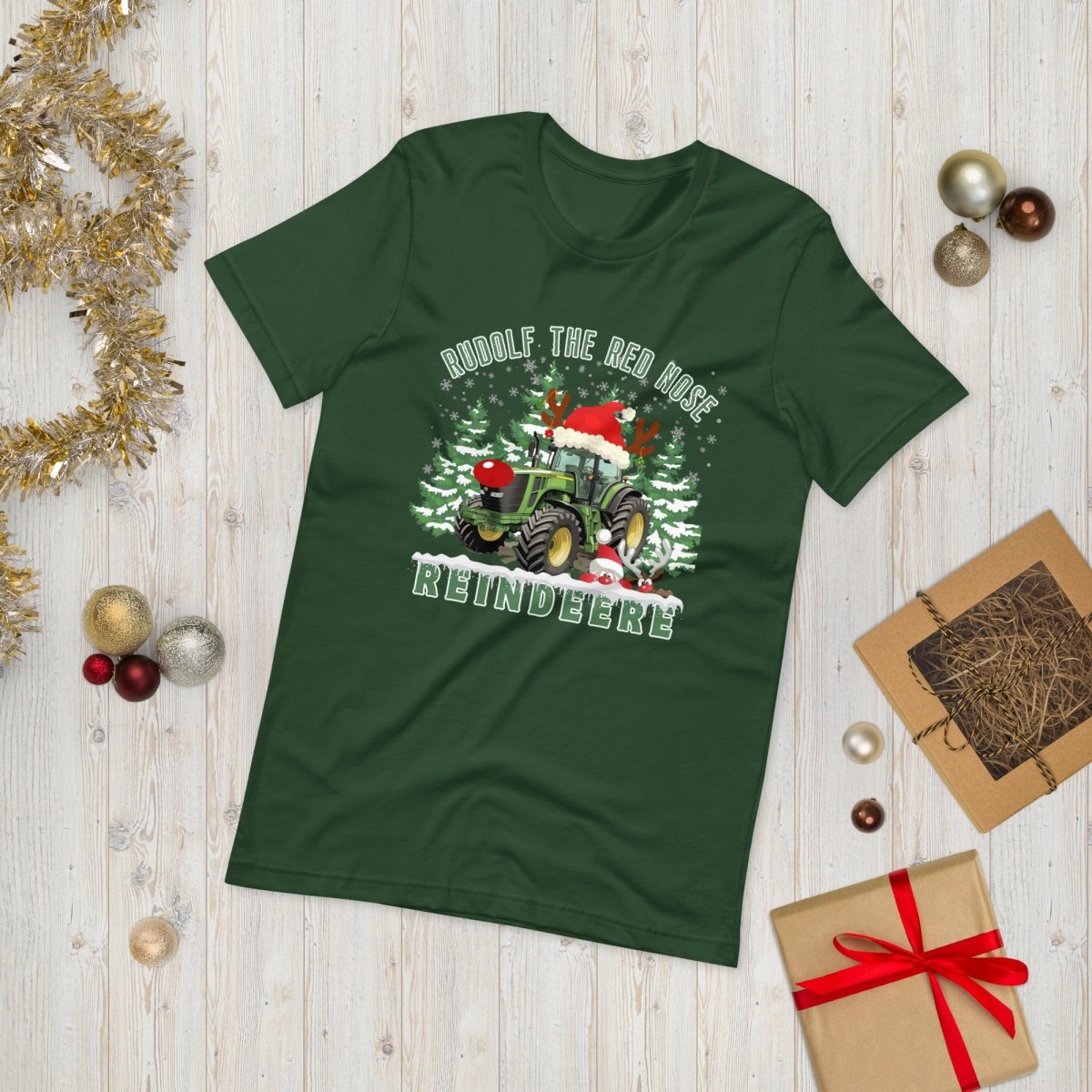 Farmer Christmas T-Shirt - High Quality Green Tractor Shirt, Funny Gift for Farmer, Rudolf the Red Nose Reindeer, Gift for Tractor Lover - Everything Pixel