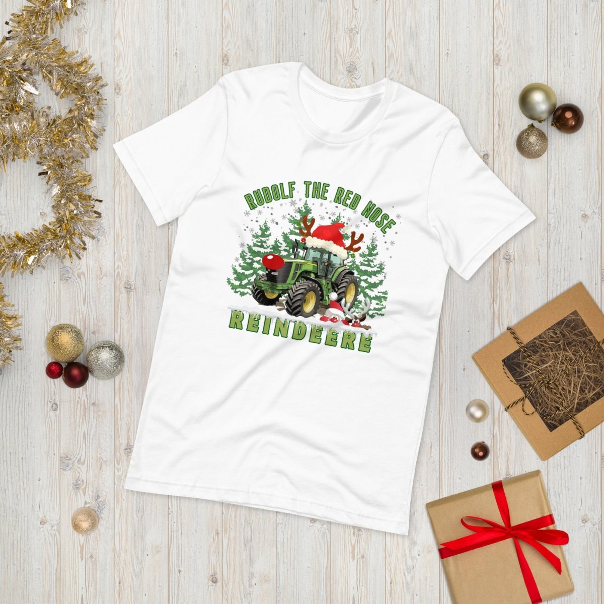 Farmer Christmas T-Shirt - High Quality Green Tractor Shirt, Funny Gift for Farmer, Rudolf the Red Nose Reindeer, Gift for Tractor Lover - Everything Pixel