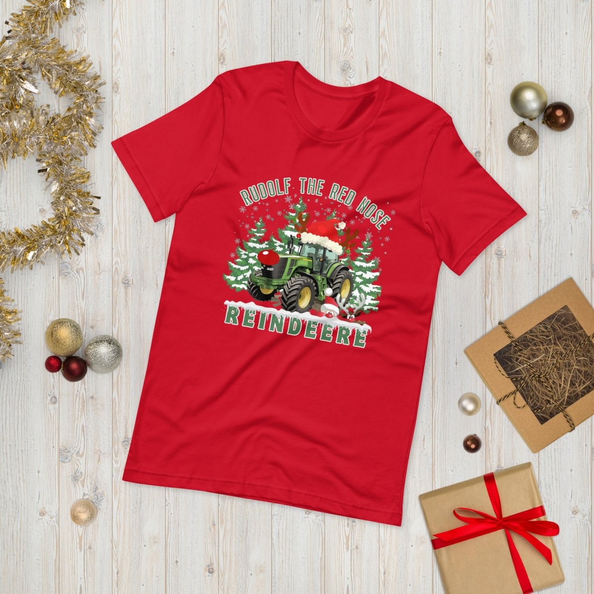 Farmer Christmas T-Shirt - High Quality Green Tractor Shirt, Funny Gift for Farmer, Rudolf the Red Nose Reindeer, Gift for Tractor Lover - Everything Pixel