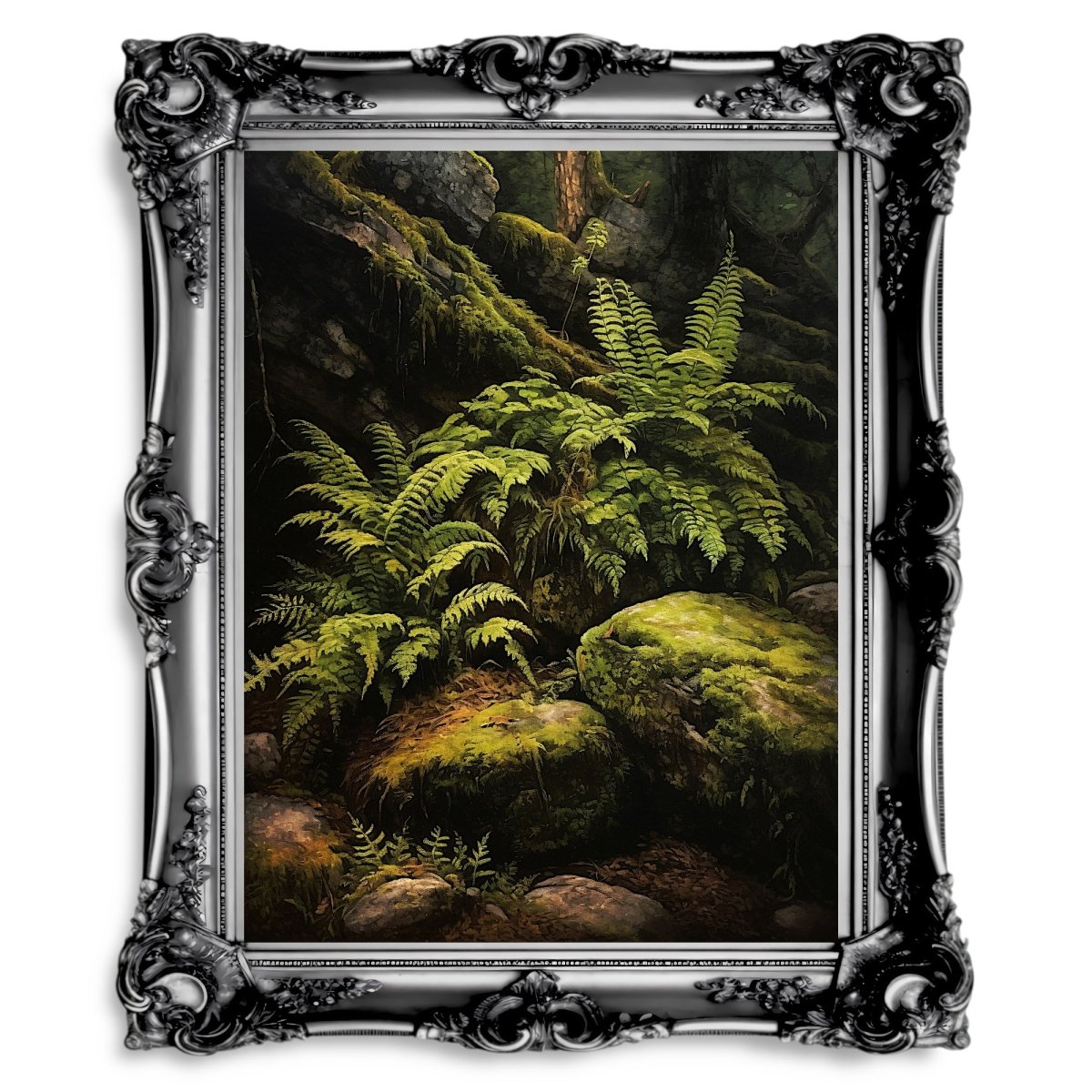 Fern and Rocks in Deep Forest Dark Cottagecore Wall Art - Paper Poster Print - Everything Pixel