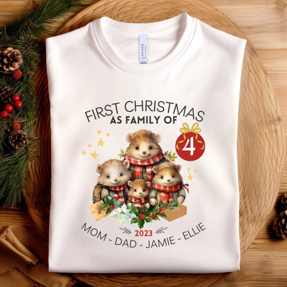 First Christmas as Family of Four - Personalised High Quality Unisex T-Shirt, Cute Custom Tee, First Holiday second Child, Matching Shirt - Everything Pixel