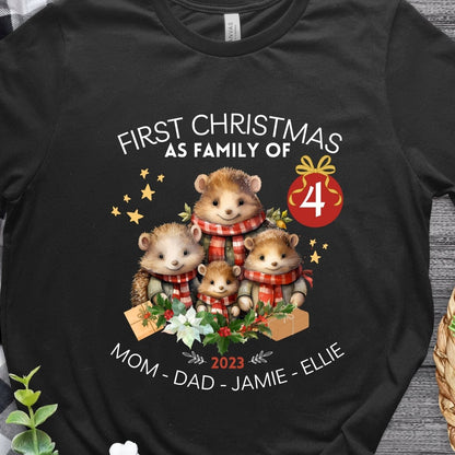 First Christmas as Family of Four - Personalised High Quality Unisex T-Shirt, Cute Custom Tee, First Holiday second Child, Matching Shirt - Everything Pixel