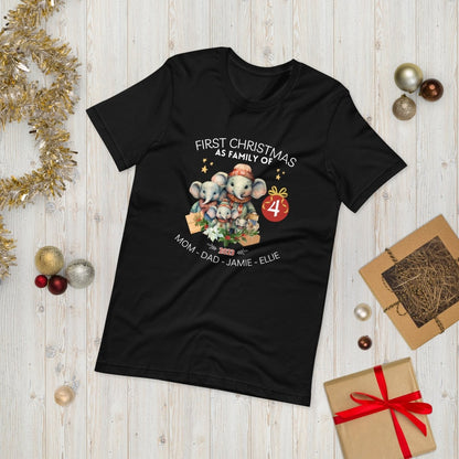 First Christmas as Family of Four - Personalised High Quality Unisex T-Shirt, Cute Custom Tee, First Holiday second Child, Matching Shirt - Everything Pixel