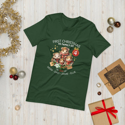 First Christmas as Family of Four - Personalised High Quality Unisex T-Shirt, Cute Custom Tee, First Holiday second Child, Matching Shirt - Everything Pixel