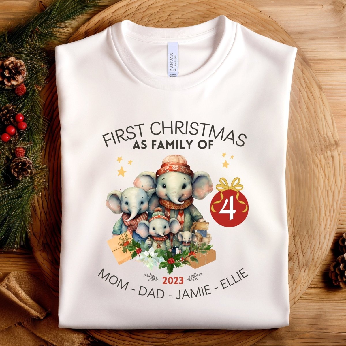 First Christmas as Family of Four - Personalised High Quality Unisex T-Shirt, Cute Custom Tee, First Holiday second Child, Matching Shirt - Everything Pixel