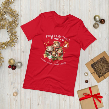 First Christmas as Family of Four - Personalised High Quality Unisex T-Shirt, Cute Custom Tee, First Holiday second Child, Matching Shirt - Everything Pixel