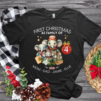 First Christmas as Family of Four - Personalised High Quality Unisex T-Shirt, Cute Custom Tee, First Holiday second Child, Matching Shirt - Everything Pixel