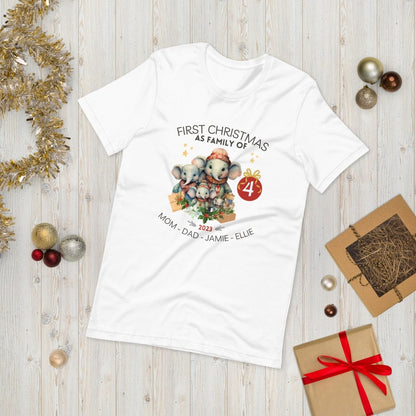 First Christmas as Family of Four - Personalised High Quality Unisex T-Shirt, Cute Custom Tee, First Holiday second Child, Matching Shirt - Everything Pixel