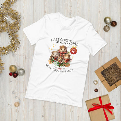 First Christmas as Family of Four - Personalised High Quality Unisex T-Shirt, Cute Custom Tee, First Holiday second Child, Matching Shirt - Everything Pixel