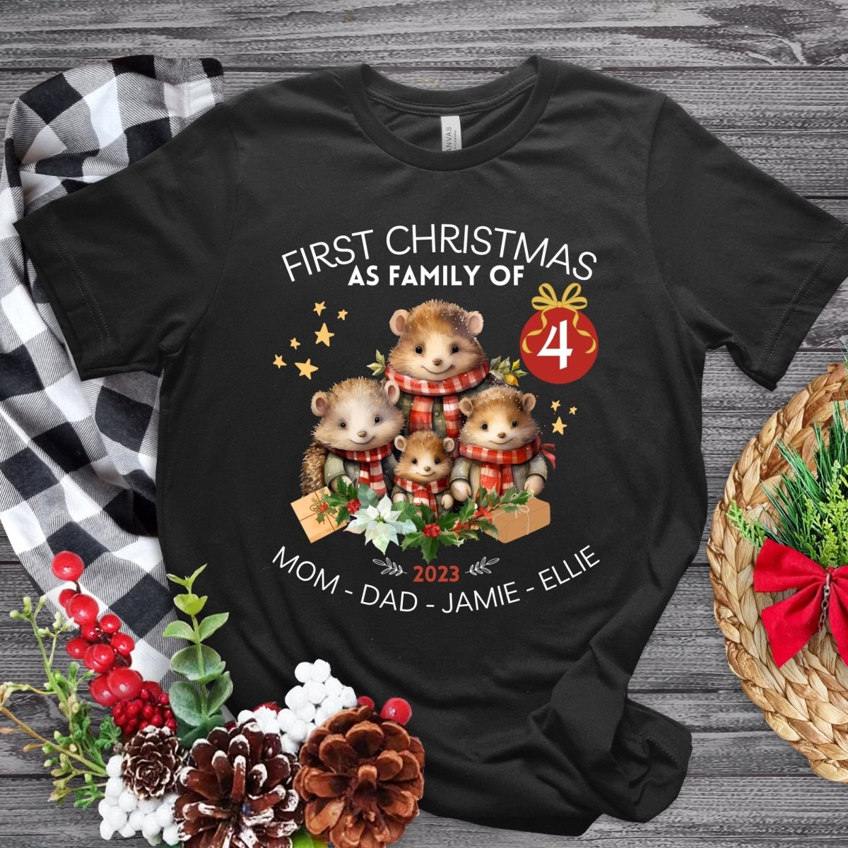 First Christmas as Family of Four - Personalised High Quality Unisex T-Shirt, Cute Custom Tee, First Holiday second Child, Matching Shirt - Everything Pixel