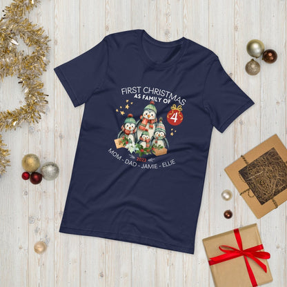 First Christmas as Family of Four - Personalised High Quality Unisex T-Shirt, Cute Custom Tee, First Holiday second Child, Matching Shirt - Everything Pixel