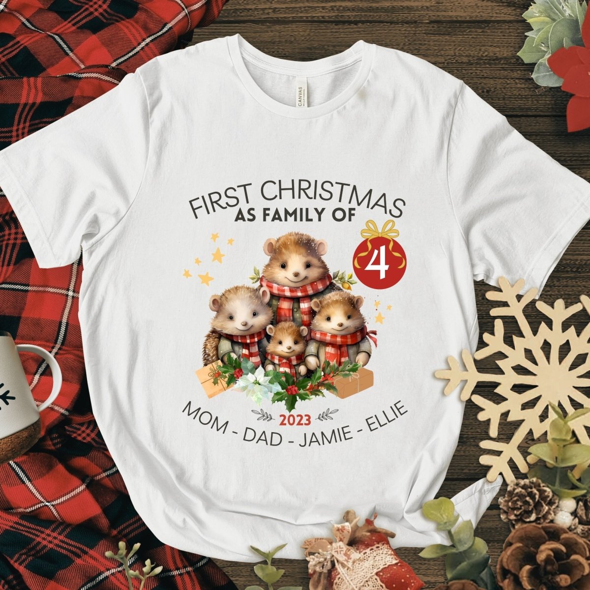 First Christmas as Family of Four - Personalised High Quality Unisex T-Shirt, Cute Custom Tee, First Holiday second Child, Matching Shirt - Everything Pixel