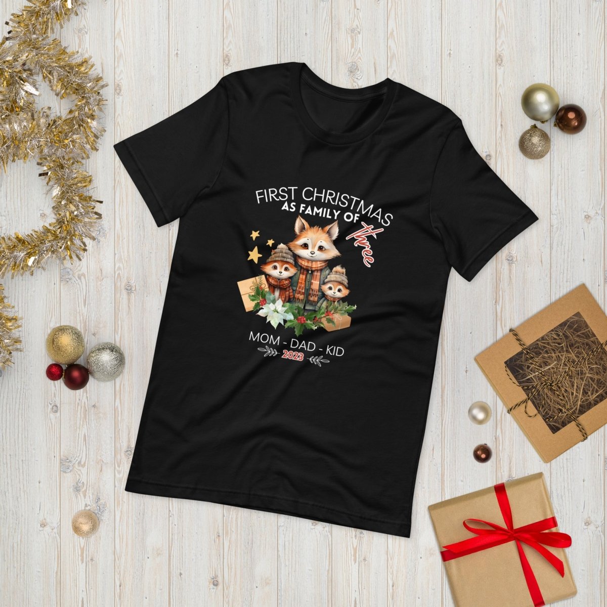 First Christmas as Family of Three - Personalised High Quality Unisex T-Shirt, Cute Custom Tee, First Holiday with Child, Matching Shirt - Everything Pixel