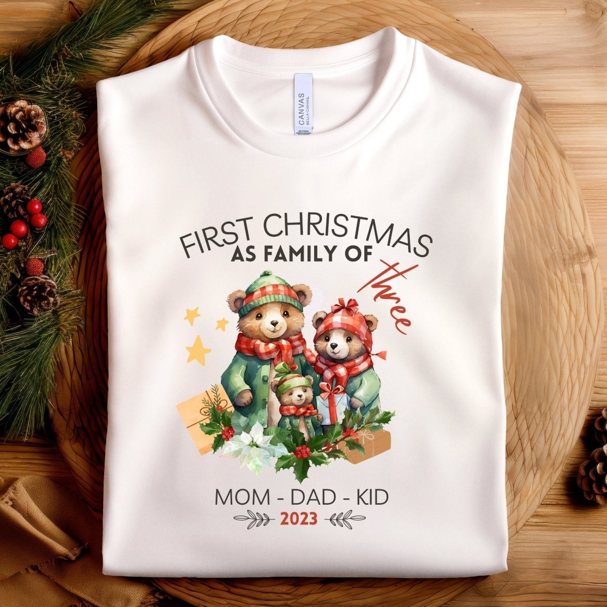 First Christmas as Family of Three - Personalised High Quality Unisex T-Shirt, Cute Custom Tee, First Holiday with Child, Matching Shirt - Everything Pixel