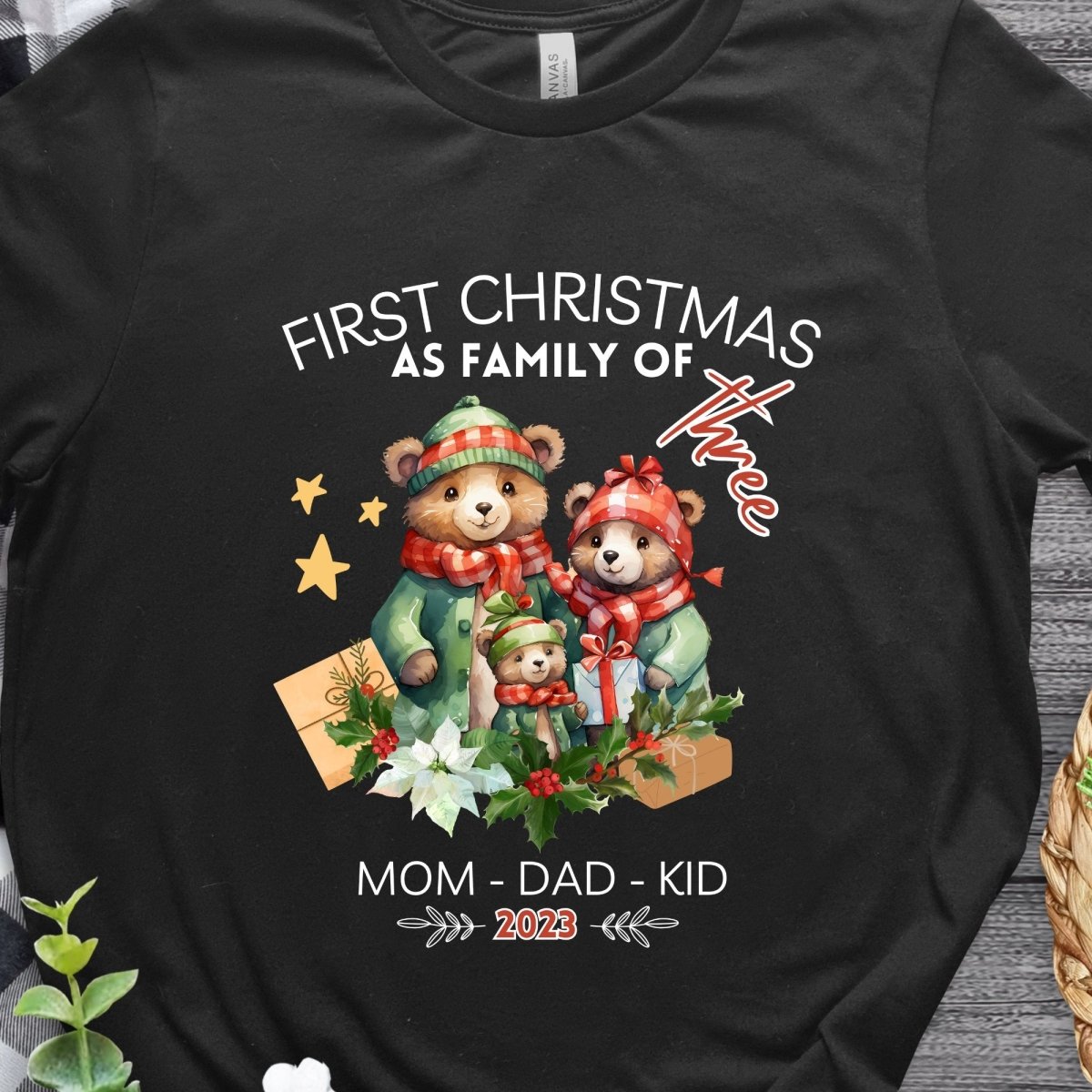 First Christmas as Family of Three - Personalised High Quality Unisex T-Shirt, Cute Custom Tee, First Holiday with Child, Matching Shirt - Everything Pixel