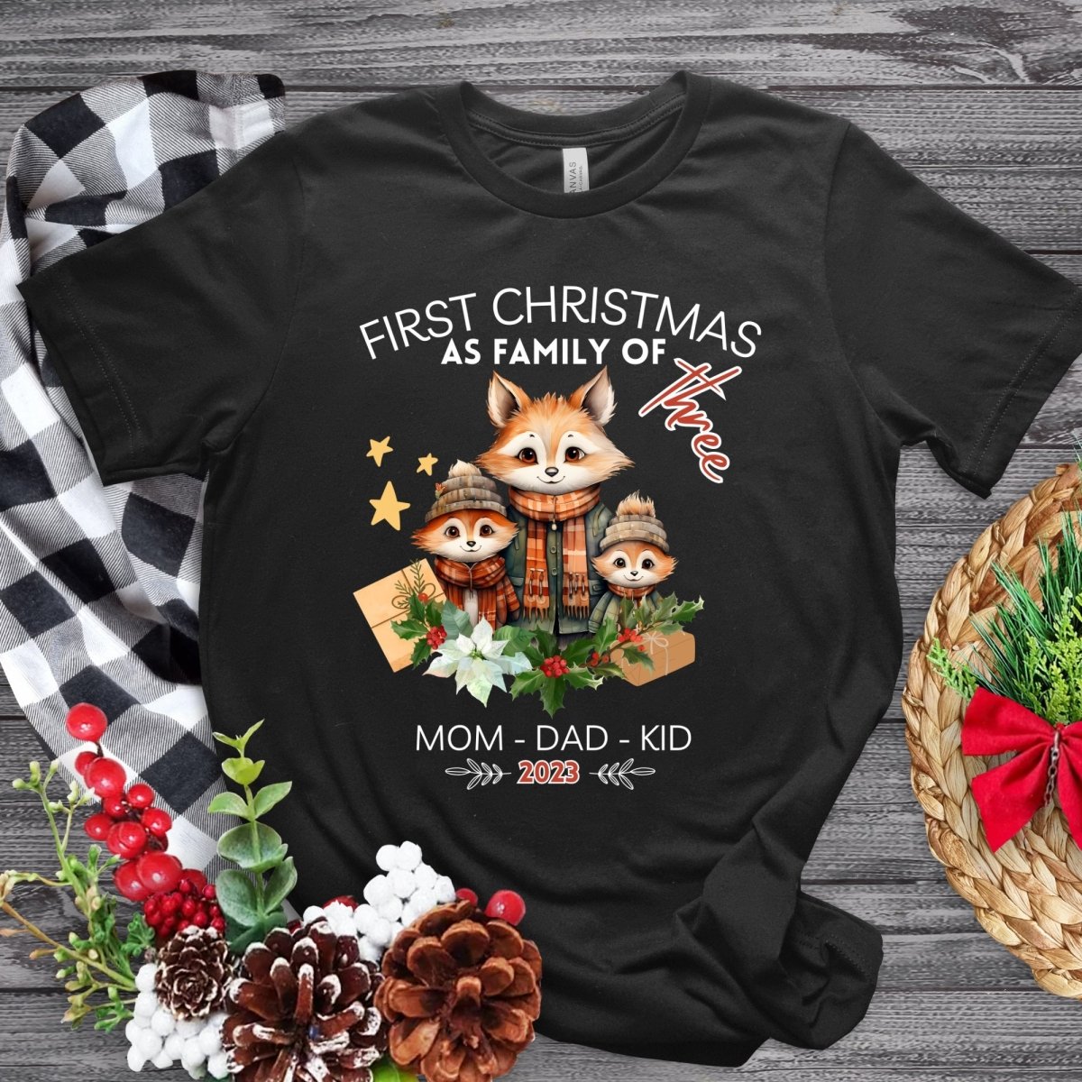 First Christmas as Family of Three - Personalised High Quality Unisex T-Shirt, Cute Custom Tee, First Holiday with Child, Matching Shirt - Everything Pixel