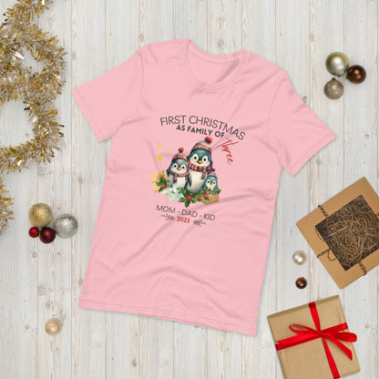 First Christmas as Family of Three - Personalised High Quality Unisex T-Shirt, Cute Custom Tee, First Holiday with Child, Matching Shirt - Everything Pixel