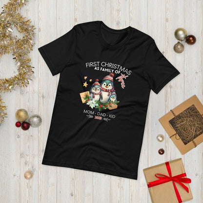 First Christmas as Family of Three - Personalised High Quality Unisex T-Shirt, Cute Custom Tee, First Holiday with Child, Matching Shirt - Everything Pixel