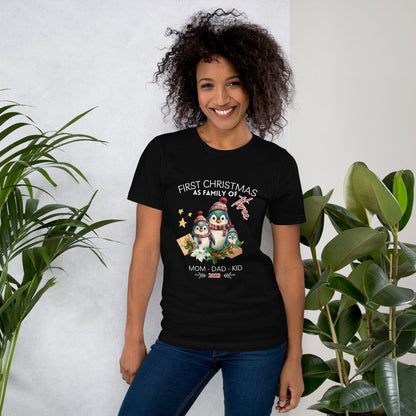 First Christmas as Family of Three - Personalised High Quality Unisex T-Shirt, Cute Custom Tee, First Holiday with Child, Matching Shirt - Everything Pixel