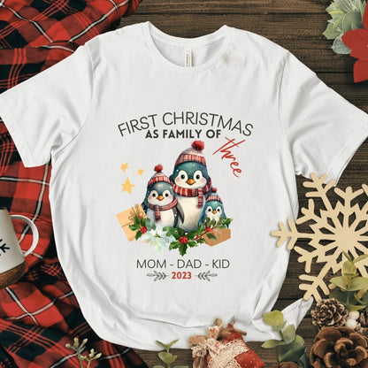 First Christmas as Family of Three - Personalised High Quality Unisex T-Shirt, Cute Custom Tee, First Holiday with Child, Matching Shirt - Everything Pixel