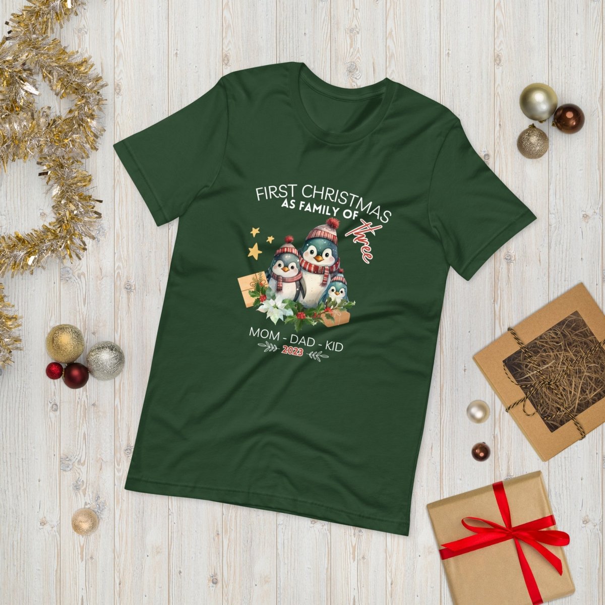 First Christmas as Family of Three - Personalised High Quality Unisex T-Shirt, Cute Custom Tee, First Holiday with Child, Matching Shirt - Everything Pixel