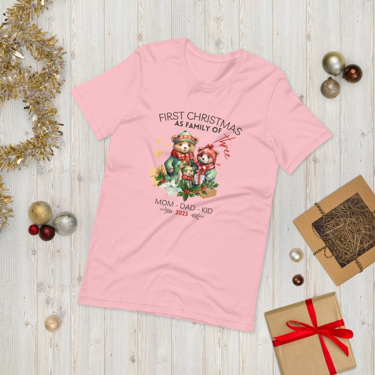 First Christmas as Family of Three - Personalised High Quality Unisex T-Shirt, Cute Custom Tee, First Holiday with Child, Matching Shirt - Everything Pixel