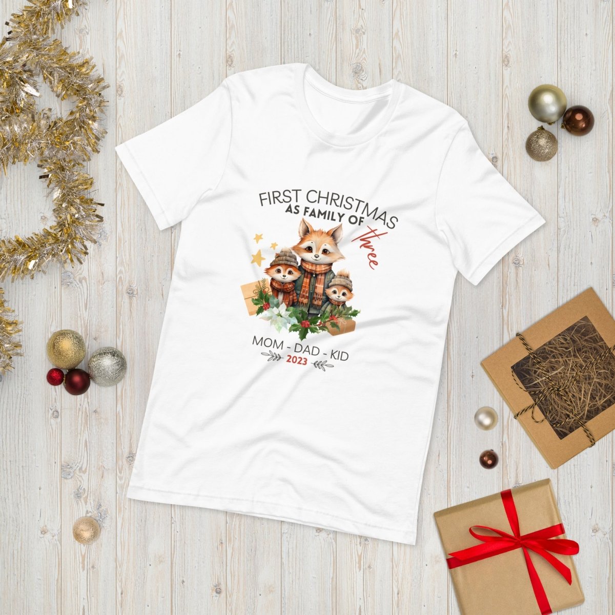 First Christmas as Family of Three - Personalised High Quality Unisex T-Shirt, Cute Custom Tee, First Holiday with Child, Matching Shirt - Everything Pixel