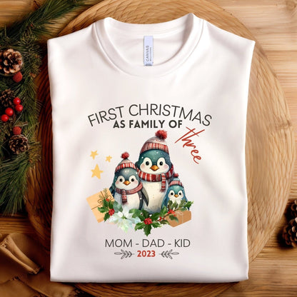 First Christmas as Family of Three - Personalised High Quality Unisex T-Shirt, Cute Custom Tee, First Holiday with Child, Matching Shirt - Everything Pixel