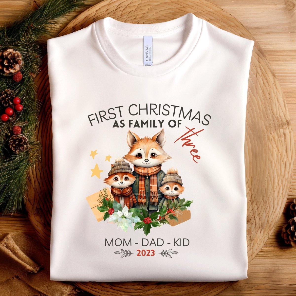 First Christmas as Family of Three - Personalised High Quality Unisex T-Shirt, Cute Custom Tee, First Holiday with Child, Matching Shirt - Everything Pixel