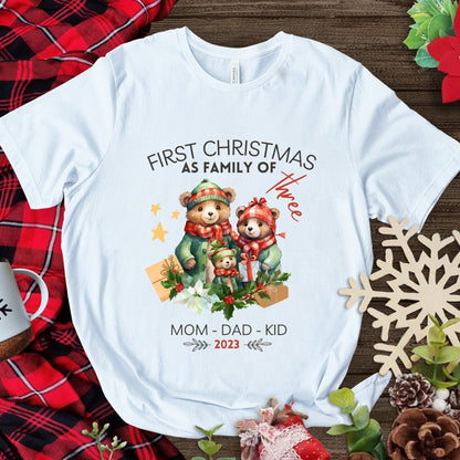 First Christmas as Family of Three - Personalised High Quality Unisex T-Shirt, Cute Custom Tee, First Holiday with Child, Matching Shirt - Everything Pixel