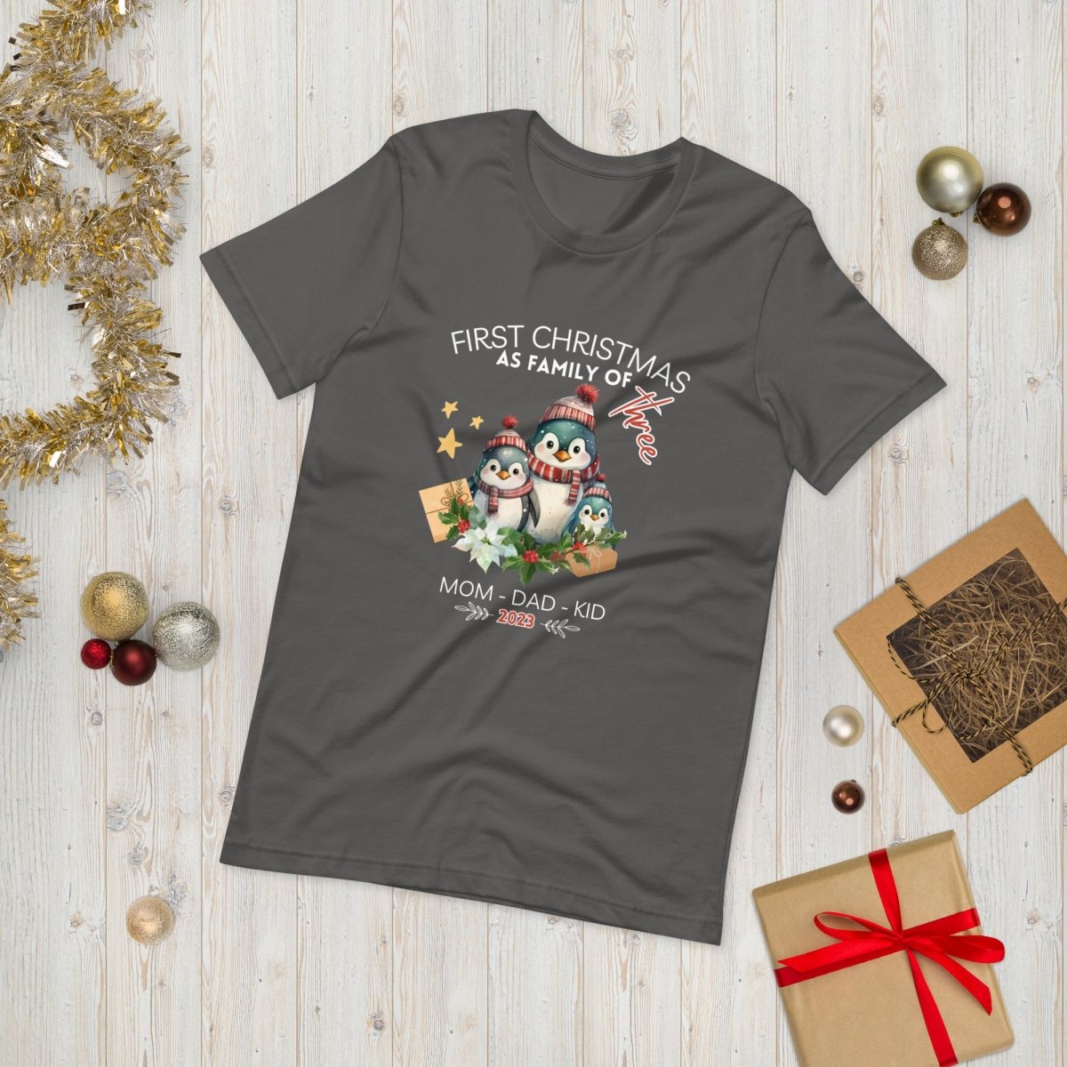 First Christmas as Family of Three - Personalised High Quality Unisex T-Shirt, Cute Custom Tee, First Holiday with Child, Matching Shirt - Everything Pixel