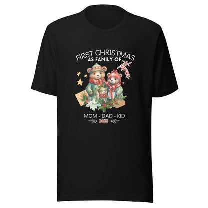 First Christmas as Family of Three - Personalised High Quality Unisex T-Shirt, Cute Custom Tee, First Holiday with Child, Matching Shirt - Everything Pixel