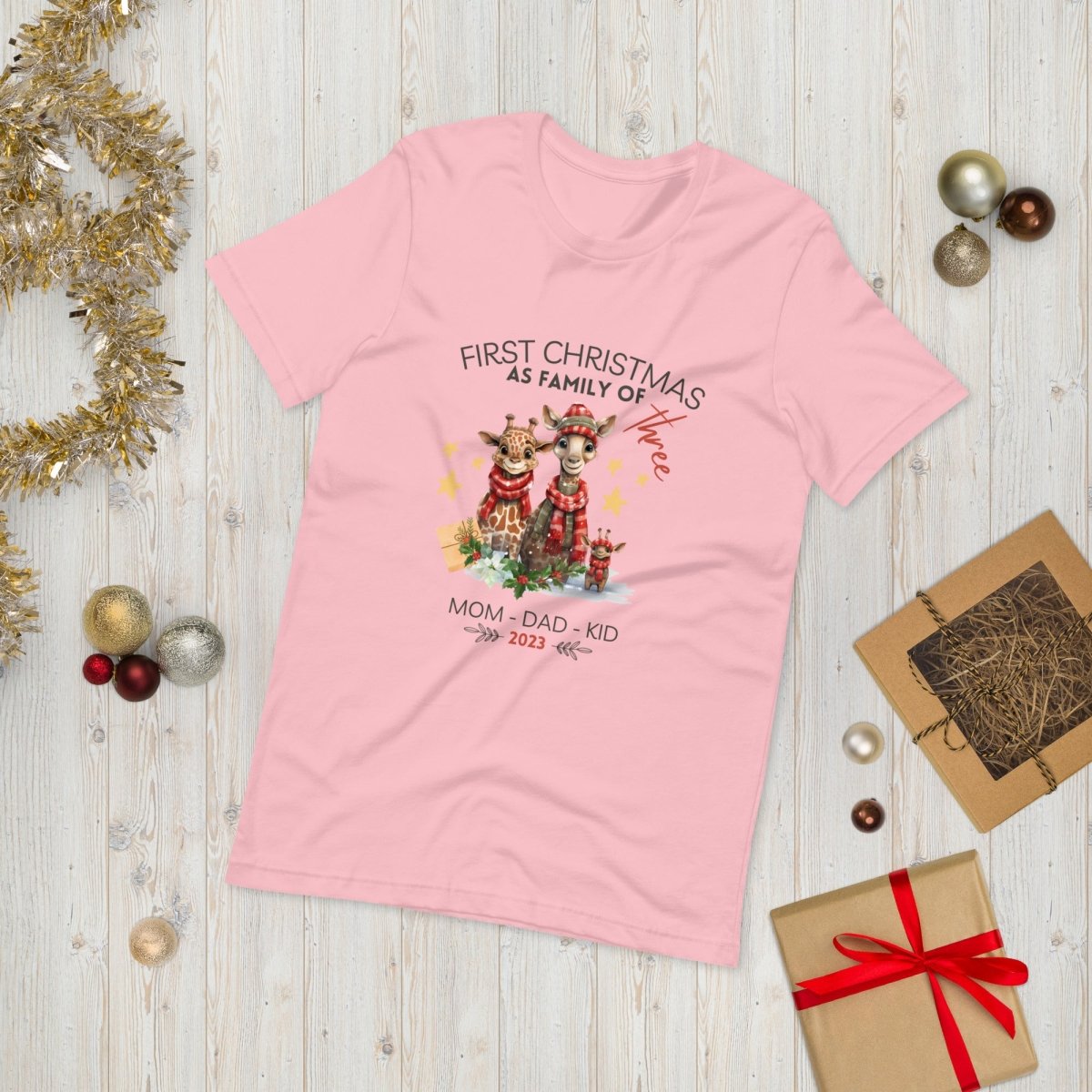 First Christmas as Family of Three - Personalised High Quality Unisex T-Shirt, Cute Custom Tee, First Holiday with Child, Matching Shirt - Everything Pixel