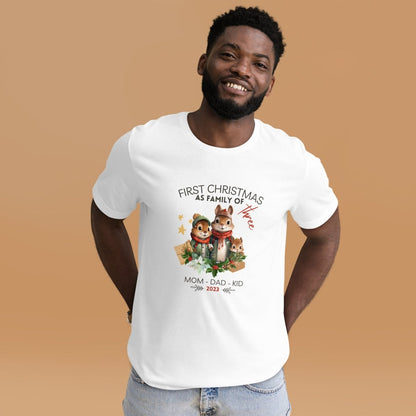 First Christmas as Family of Three - Personalised High Quality Unisex T-Shirt, Cute Custom Tee, First Holiday with Child, Matching Shirt - Everything Pixel