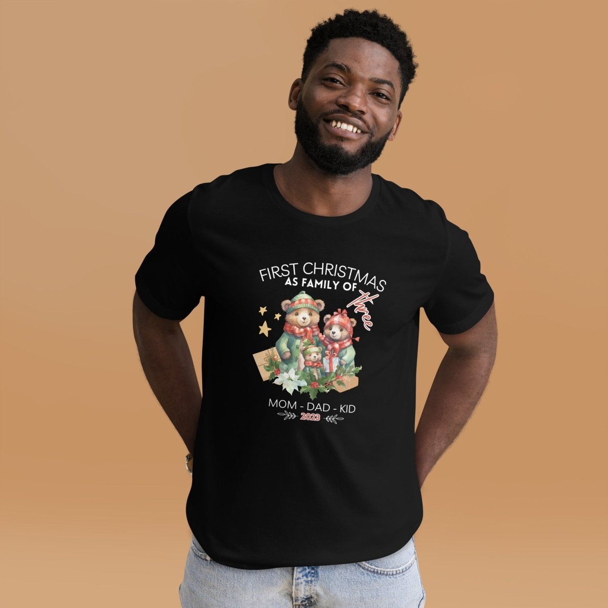 First Christmas as Family of Three - Personalised High Quality Unisex T-Shirt, Cute Custom Tee, First Holiday with Child, Matching Shirt - Everything Pixel