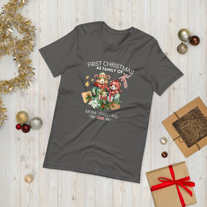 First Christmas as Family of Three - Personalised High Quality Unisex T-Shirt, Cute Custom Tee, First Holiday with Child, Matching Shirt - Everything Pixel